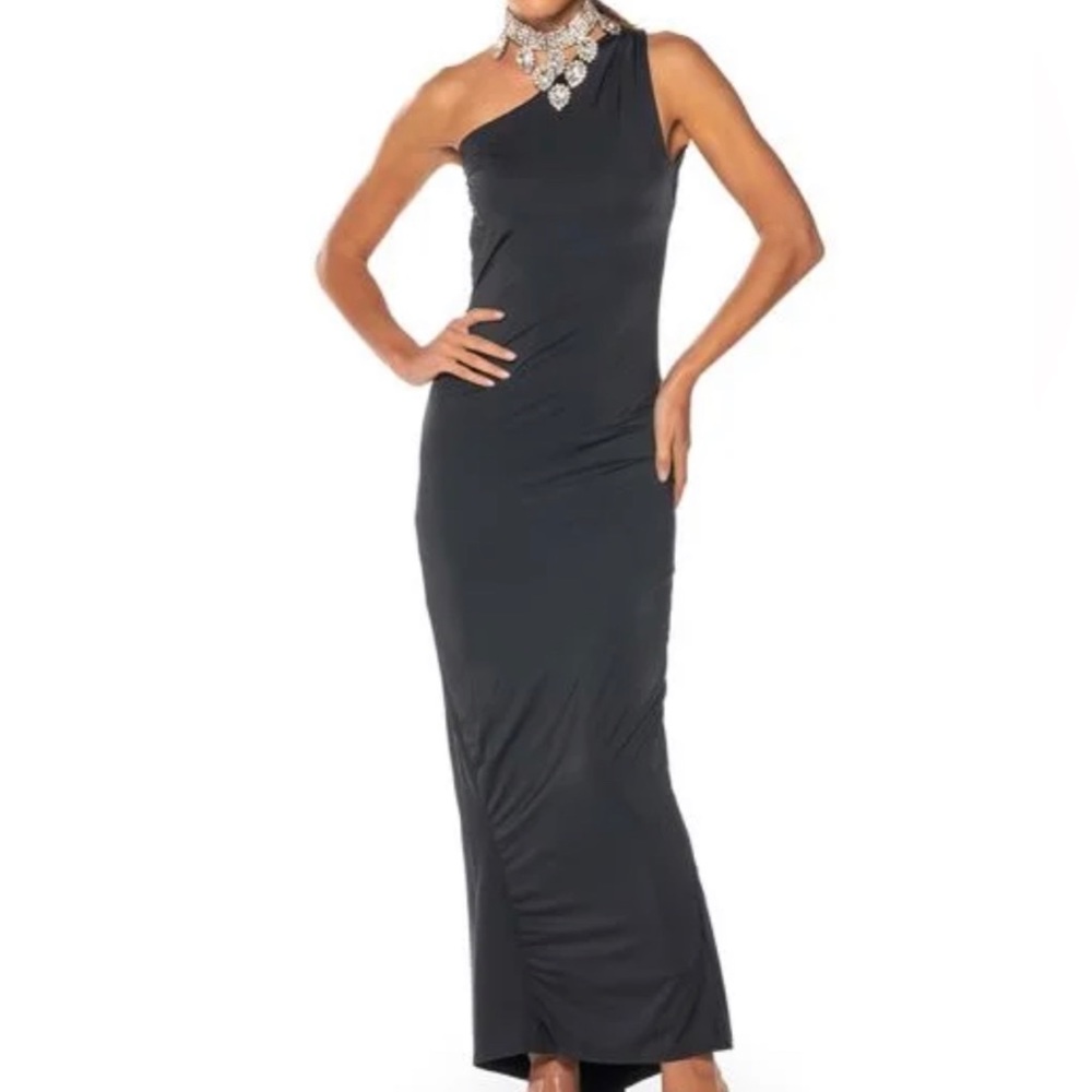VENUS RISING BACKLESS RUCHED MAXI DRESS IN BLACK
